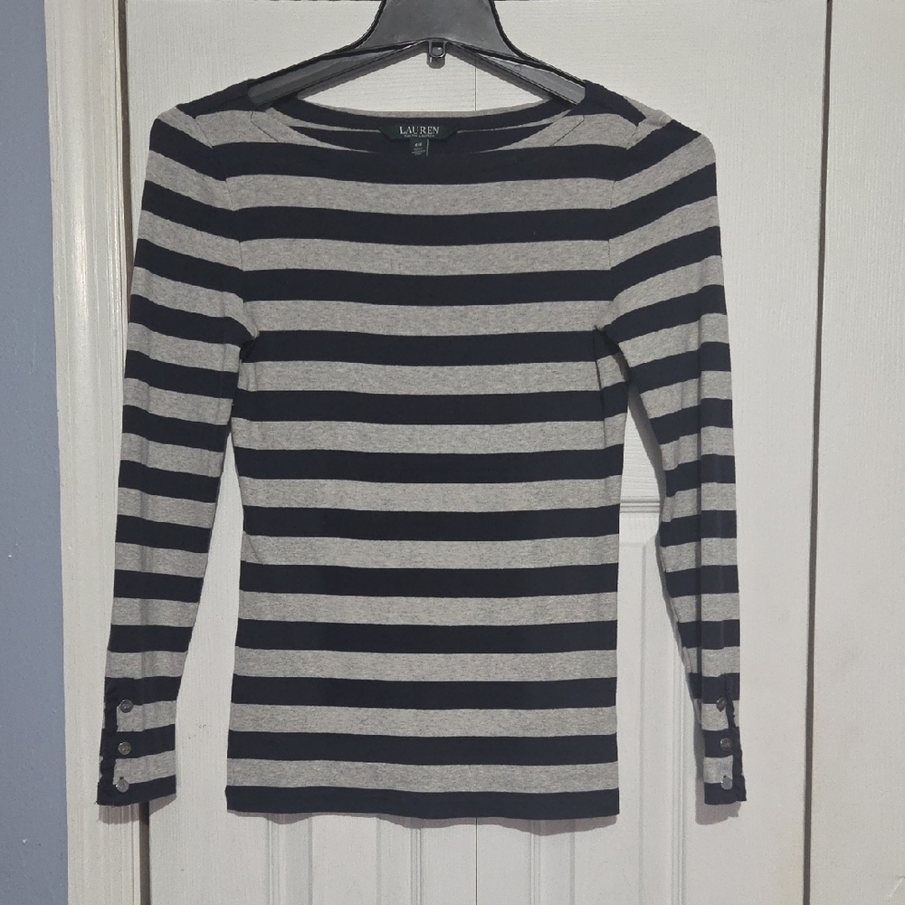 Lauren Ralph Lauren Gray and Navy Striped Long Sleeve Top